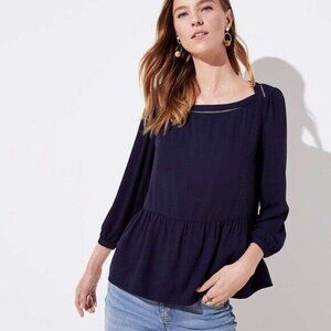 LOFT Navy Blue Jacquard Cutout Peplum Blouse - Size Small
